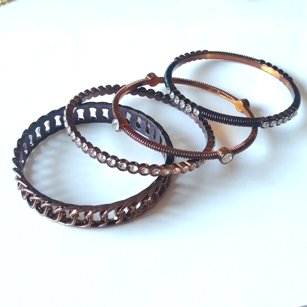 Vintage Graziano Bracelets Copper Tone Clear Rhinestones Bangle (4pcs)